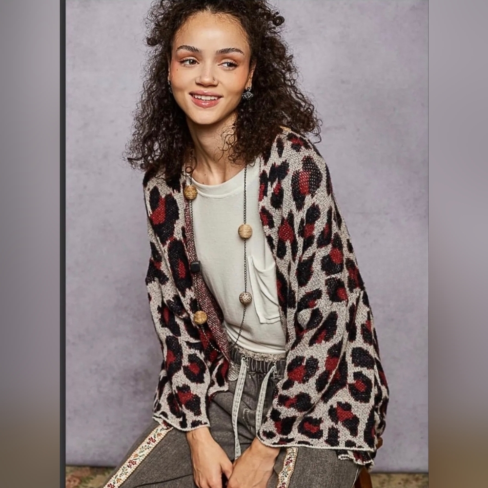 POL Leopard Print Open Front Cardigan Sweater Medium Oversized Cozy